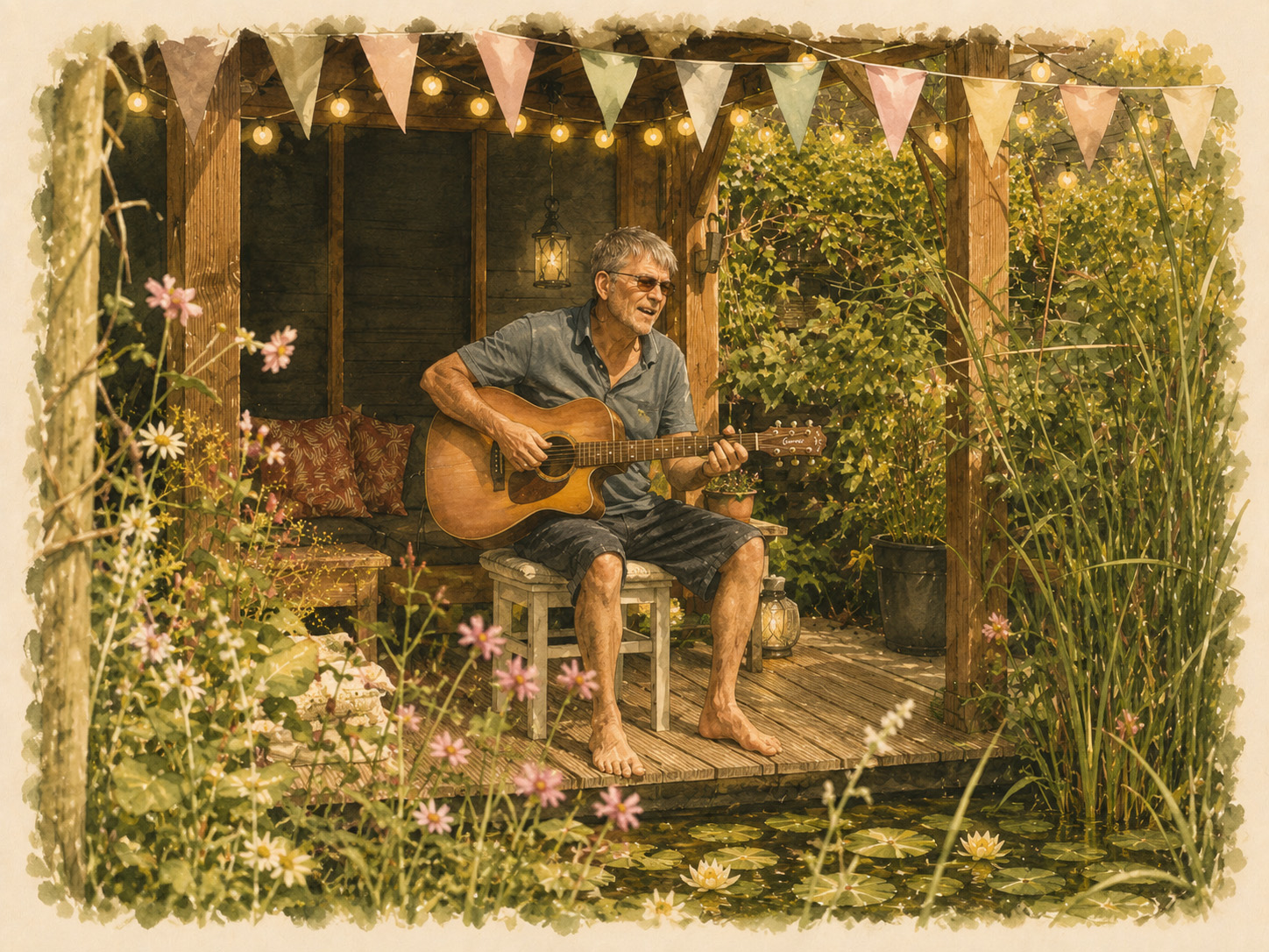 Aquarel van een tuinconcert: iemand speelt gitaar op een krukje bij de vijver, onder een overkapping met slingers en lichtjes.