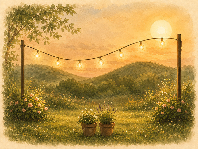 Aquarel van lichtsnoeren tussen twee palen bij zonsondergang, met bloempotten in het gras.