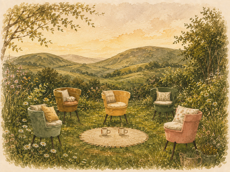 Aquarel van vijf fauteuils in een kring op het gras, met koffiemokken op een kleed en uitzicht over de heuvels.