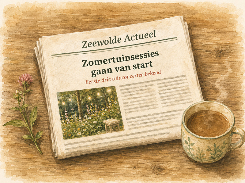 Aquarel van Zeewolde Actueel met de kop 'Zomertuinsessies gaan van start', naast een kop koffie.